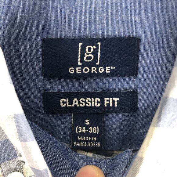 George Classic Fit Men’s Size Small (34-36) Gingham Gray Blue Button Down Shirt - Picture 6 of 16